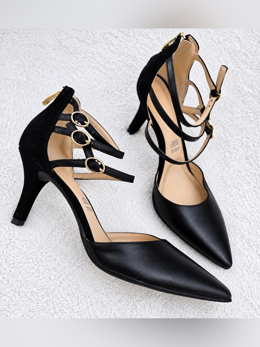 Liz Claiborne LC Hara Black Pointed-Toe Strappy Heels with Gold Buckles sz7